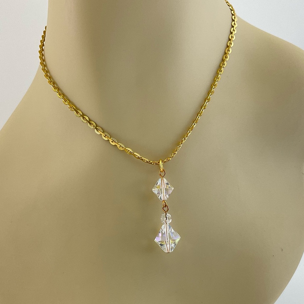 Aurora Borealis Clear Crystal Pendant, Choker, Chunky Gold Chain , Baroque